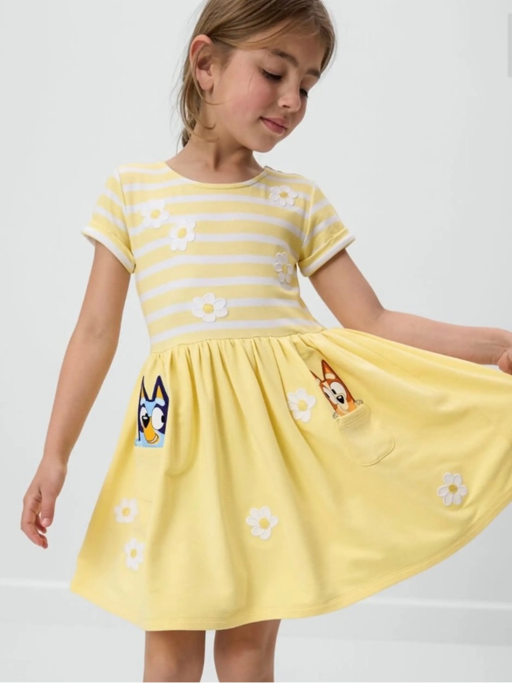 Little Sleepies Disney Bluey Yellow Daisy Stripe Skater Dress. Character Pockets